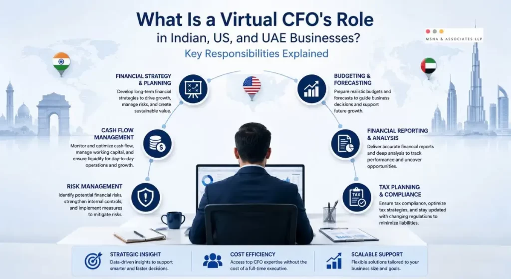 What Is Virtual CFO infographic showing the key responsibilities of a Virtual CFO for businesses in India, the US, and the UAE- MSNA ASSOCIATES