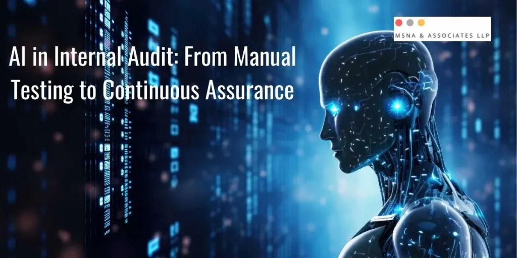 "AI in Internal Audit concept showing auditor analyzing financial data with AI-powered dashboards and real-time risk monitoring system"