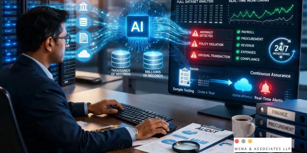 "AI in Internal Audit dashboard analyzing financial data and detecting anomalies through real-time continuous monitoring system."