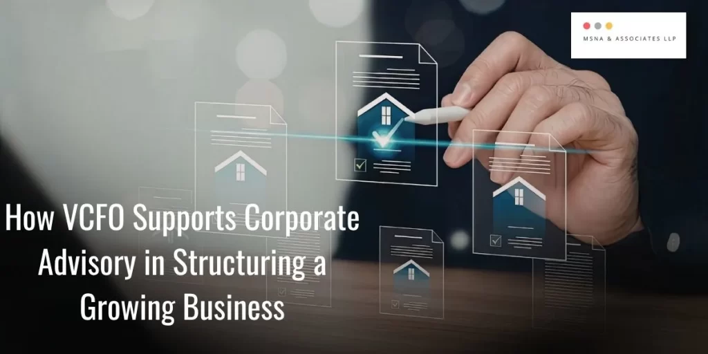 "VCFO support Corporate Advisory concept showing financial structuring documents and business planning visuals representing virtual CFO guidance for growing businesses."