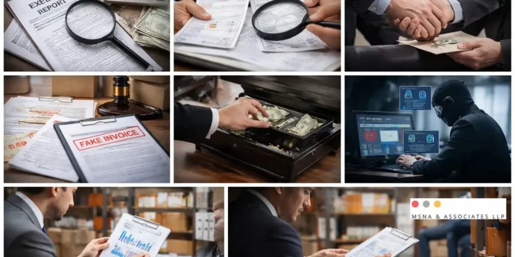 "common examples of fraud in internal audit, including fake expense claims, payroll manipulation, vendor kickbacks, cash theft, inventory fraud, and cyber fraud in business operations."