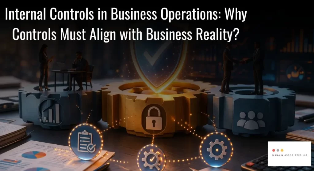 "Internal controls in business operations concept showing interconnected gears, a central shield symbolizing governance, and professionals analyzing financial data and collaborating in a modern corporate environment"