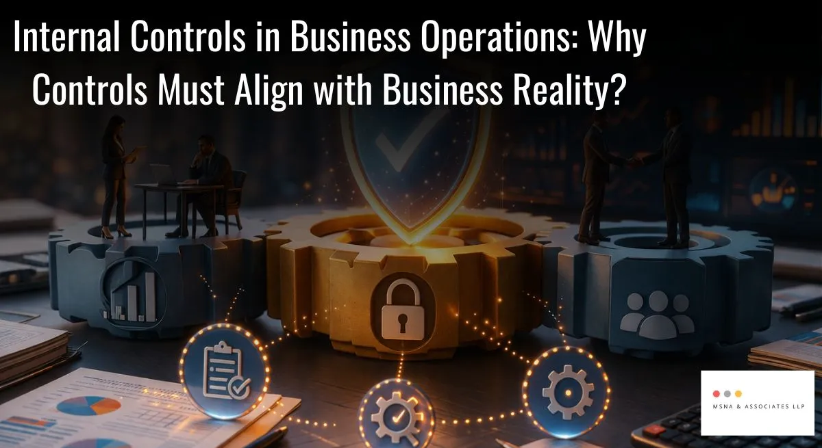 "Internal controls in business operations concept showing interconnected gears, a central shield symbolizing governance, and professionals analyzing financial data and collaborating in a modern corporate environment"