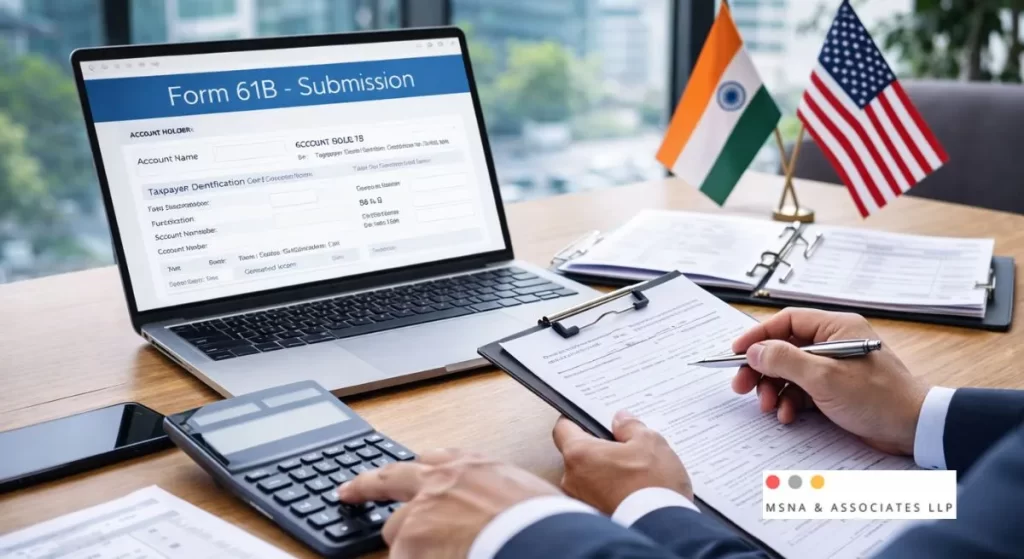 "Financial professional reviewing compliance documents and submitting data related to Form 61B filing requirement for financial institutions in India under FATCA and CRS on a laptop in an office setting."