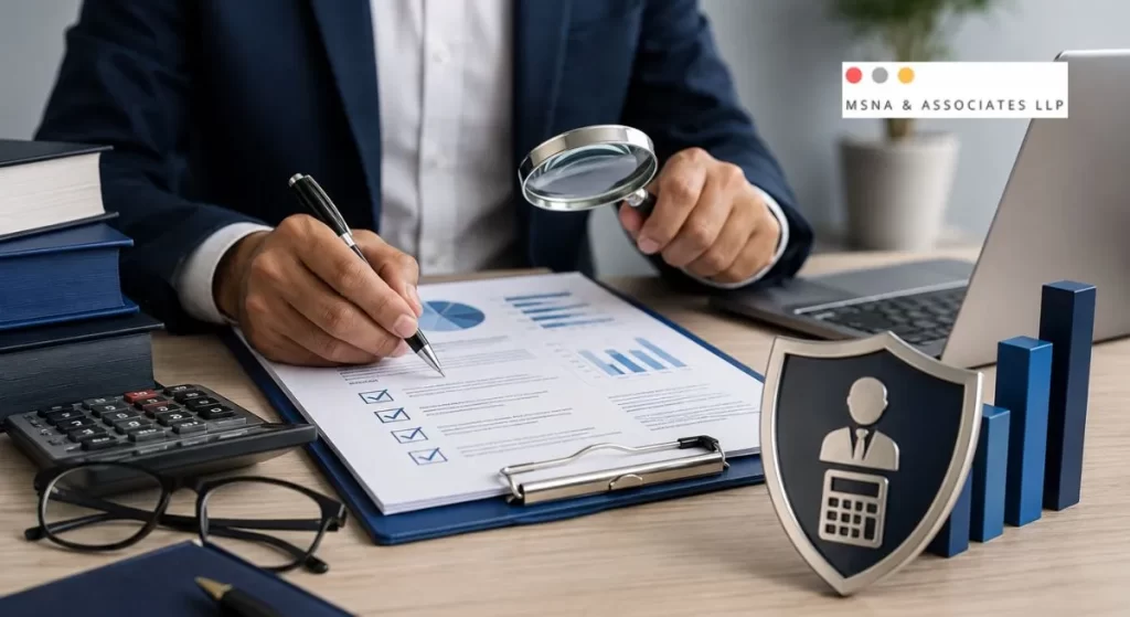 Chartered Accountant reviewing financial reports and compliance documents for PMS Disclosure Document certification - MSNA ASSOCIATES