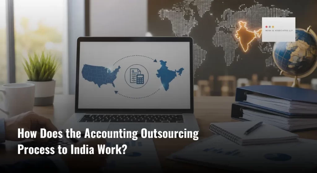 Accounting outsourcing process showing secure onboarding, workflow, financial reporting, and collaboration between US and India accounting teams - MSNA ASSOCIATES