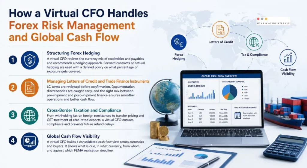 Virtual CFO for Export Business managing forex risk, trade finance, cross-border tax compliance, and global cash flow across international markets- MSNA ASSOCIATES