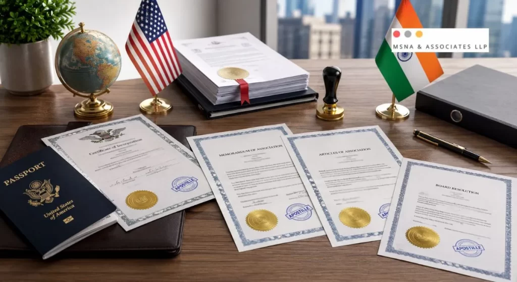 Private Limited Company Registration in India documents for US founders including apostilled passport, certificate of incorporation, MOA, AOA, and board resolution- MSNA ASSOCIATES