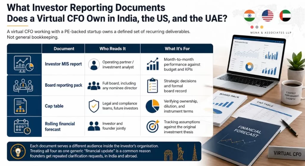Virtual CFO for PE-backed startups reviewing investor MIS reports, board reporting packs, cap tables, and rolling financial forecasts for investors in India, the US, and the UAE - MSNA ASSOCIATES