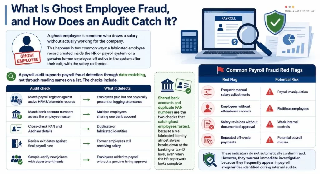 Payroll Internal Audit infographic explaining how payroll audits detect ghost employee fraud through HRMS verification, bank account matching, PAN and Aadhaar validation, exit payroll reviews, and payroll fraud red flag analysis- MSNA ASSOCIATES