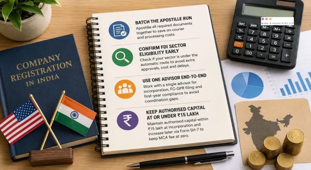 Company Registration Cost in India for US Companies – cost-saving strategies for apostille, FDI eligibility, compliance, and authorised capital-MSNA ASSOCIATES