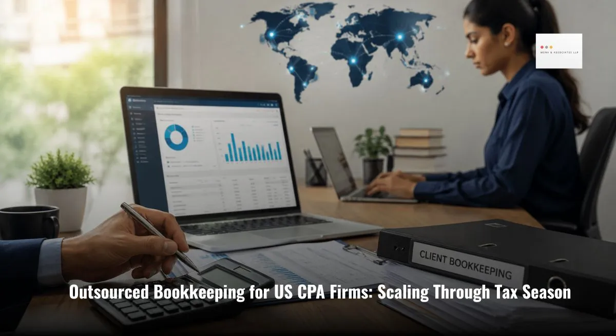Outsourced bookkeeping for US CPAs during tax season with remote accounting professionals managing financial records and reports