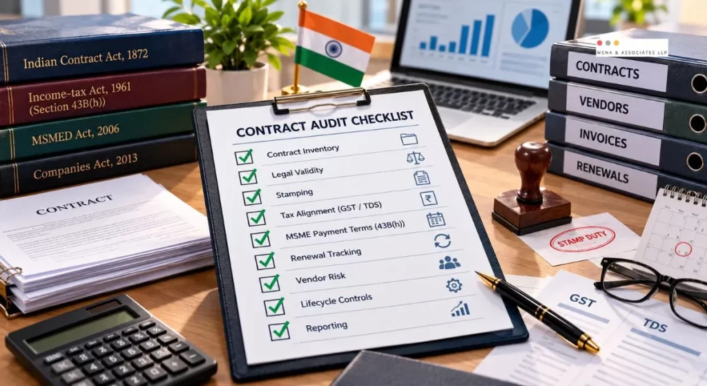 Audit contract management checklist for Indian businesses covering MSME 43B(h), stamping, GST, TDS, renewals, vendor risk and lifecycle controls-MSNA ASSOCIATES