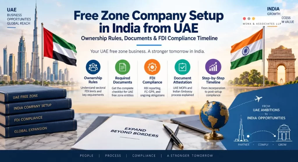 Free zone company setup in India from UAE showing ownership rules, required documents, FDI compliance, document attestation and setup timeline-MSNA ASSOCIATES