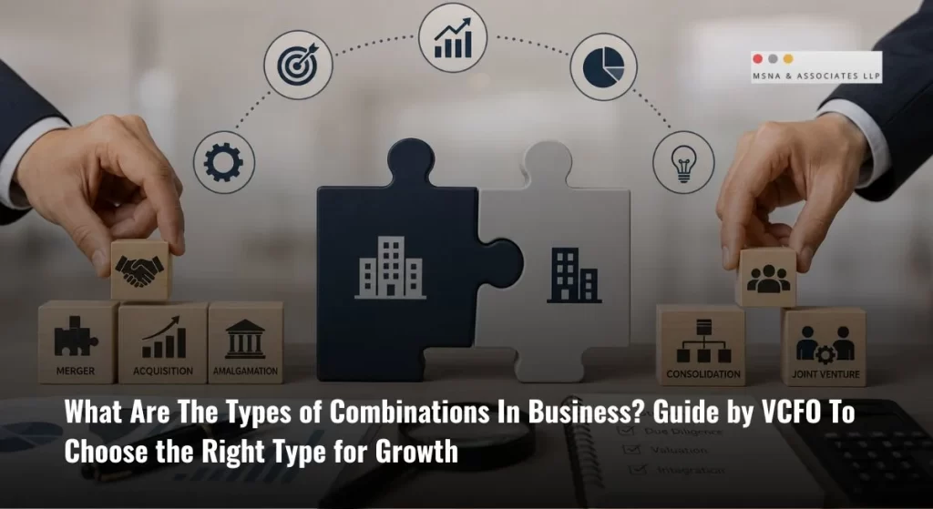 Types of combination in business showing merger, acquisition, amalgamation, consolidation, and joint venture strategies for business growth-MSNA ASSOCIATES