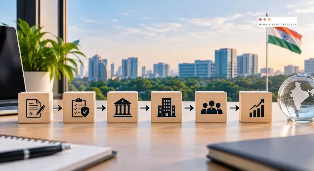 GCC in India setup timeline showing incorporation, compliance, banking, office setup, and hiring stages-MSNA ASSOCIATES