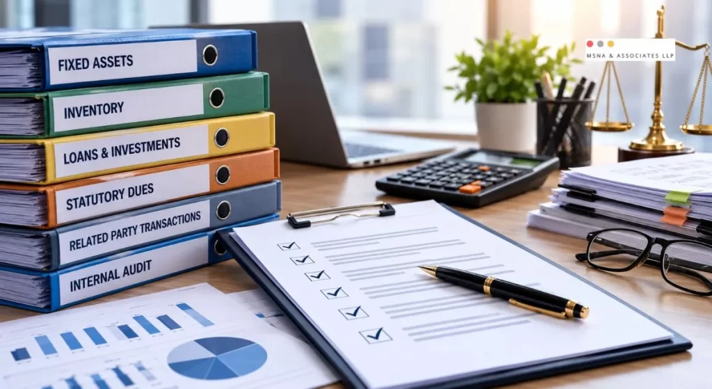 CARO 2020 clause-wise audit checklist featuring fixed asset records, inventory documents, statutory dues, related party transactions and internal audit files-MSNA ASSOCIATES