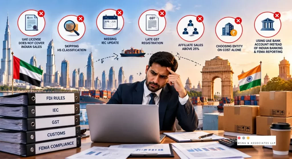 Common mistakes in UAE trading company setup in India, including FDI rules, IEC updates, GST registration, customs classification and FEMA compliance-MSNA ASSOCIATES