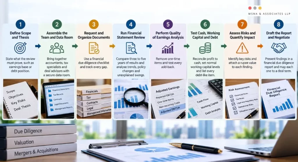 Financial due diligence process covering eight steps, from defining the review scope and analyzing financial statements to assessing risks and preparing the final report-MSNA ASSOCIATES