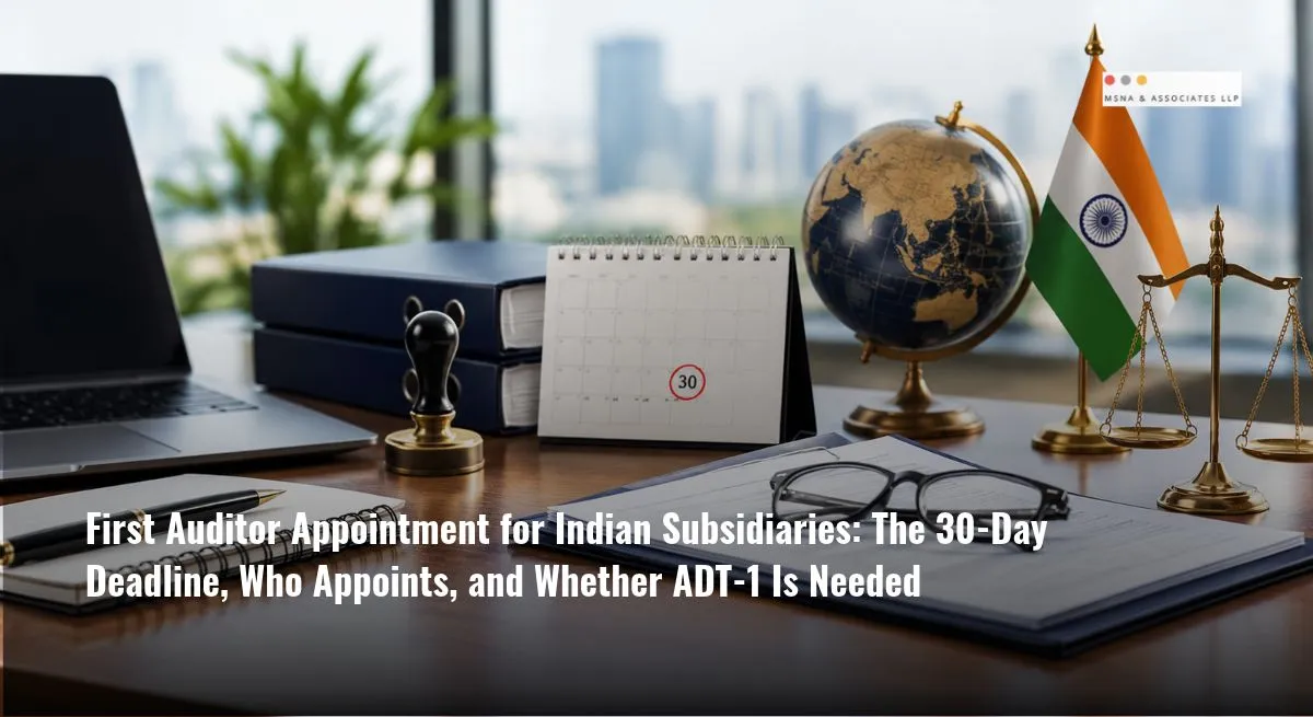 First auditor appointment for subsidiary companies in India with a 30-day deadline calendar, legal documents, and Indian flag-MSNA ASSOCIATES