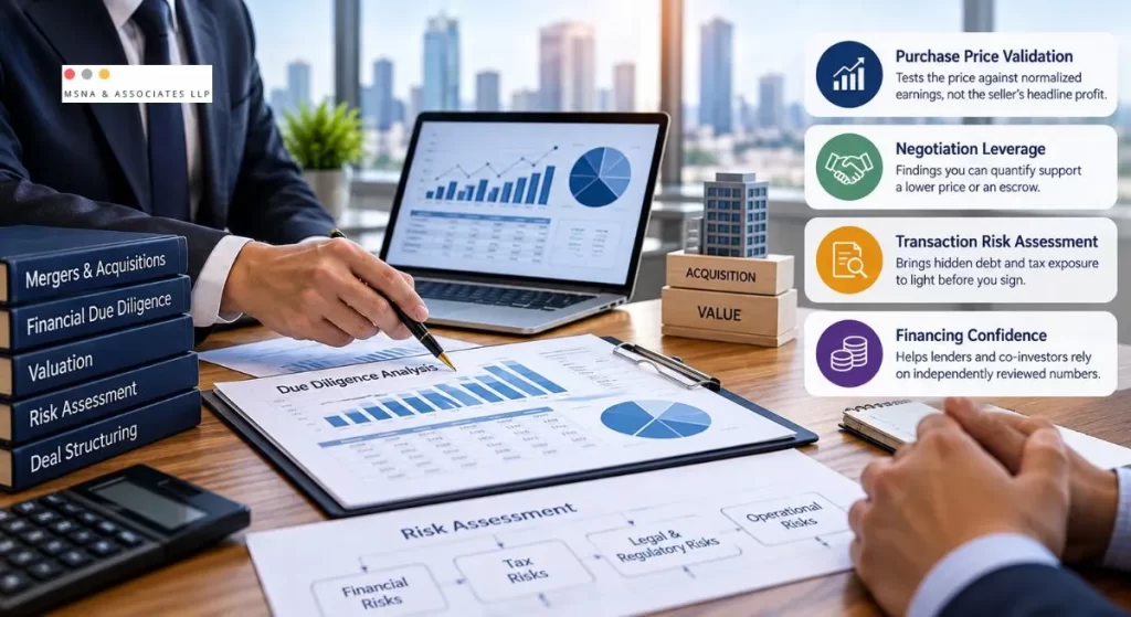 Financial due diligence in mergers and acquisitions helps buyers validate purchase prices, identify hidden liabilities, assess transaction risks, and support informed investment decisions-MSNA ASSOCIATES