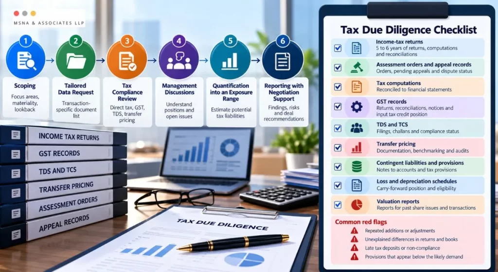 Tax due diligence checklist and process in India covering six stages, income-tax returns, GST records, TDS and TCS, transfer pricing and tax risk identification-MSNA ASSOCIATES