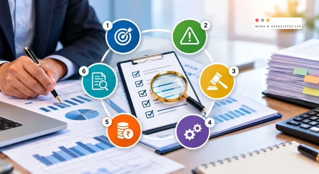 Scope for internal audit: six key inputs covering business objectives, risk assessment, regulatory compliance, internal controls, materiality, and previous audit findings-MSNA ASSOCIATES