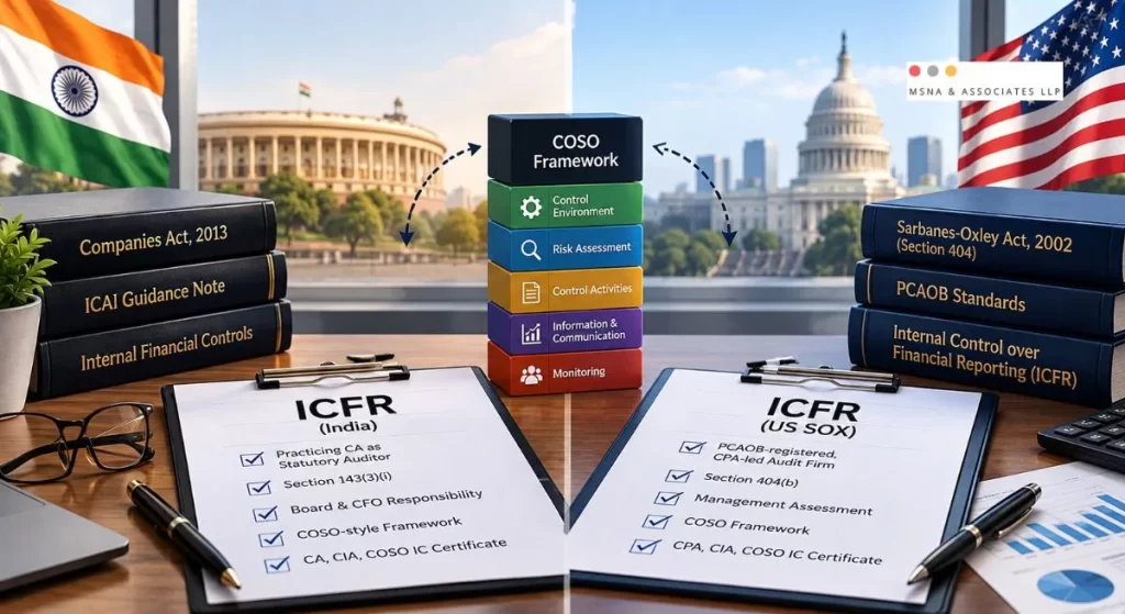 ICFR Qualification in India vs US SOX comparison showing internal financial controls, reporting requirements and COSO framework-MSNA ASSOCIATES