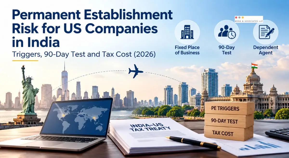 Permanent establishment risk for US companies in India showing PE triggers, the 90-day service PE test, India–US tax treaty and tax exposure in 2026-MSNA ASSOCIATES