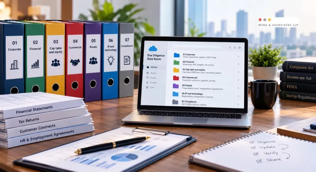 Startup due diligence documents organised into corporate, financial, cap table, commercial, HR, IP and compliance folders-MSNA ASSOCIATES