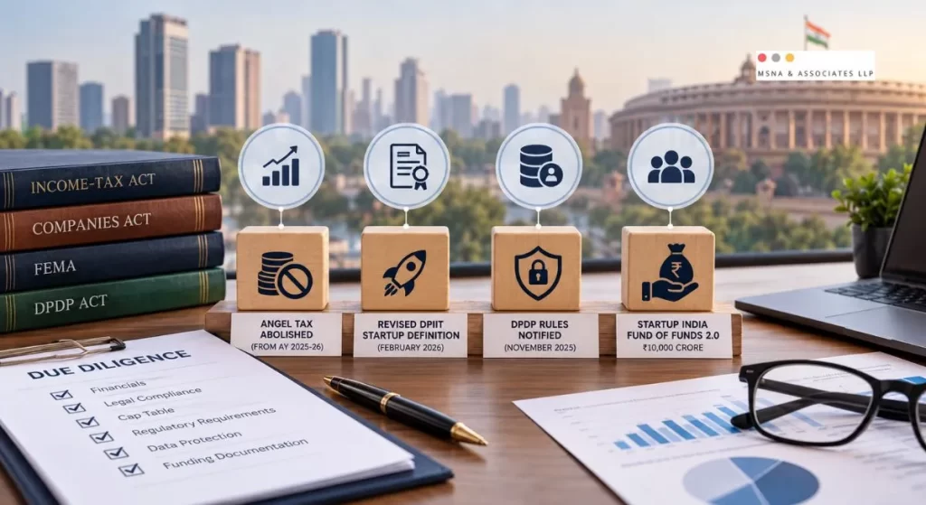 Startup due diligence in India covering angel tax abolition, DPIIT recognition, DPDP Rules and startup funding regulations in 2026-MSNA ASSOCIATES