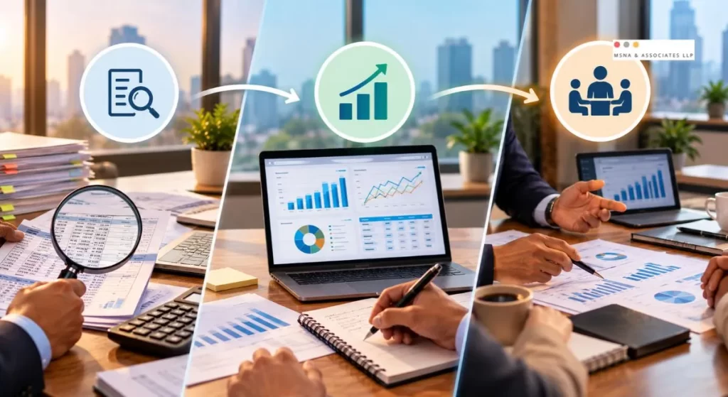 CFO accounting services 90-day implementation process showing financial assessment, MIS reporting, cash flow forecasting, budgeting and strategic decision reviews-MSNA ASSOCIATES